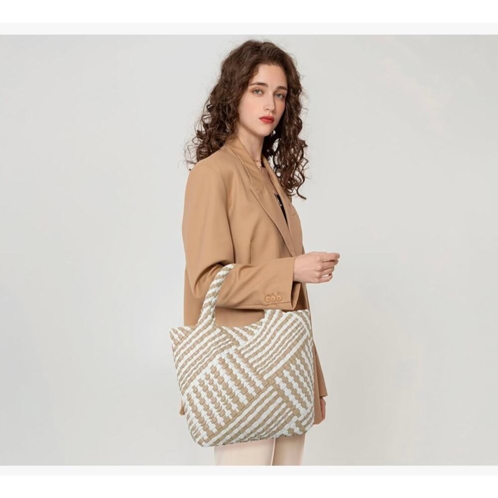 Woven Vegan Leather Large Tan & White Criss-Cross Tote